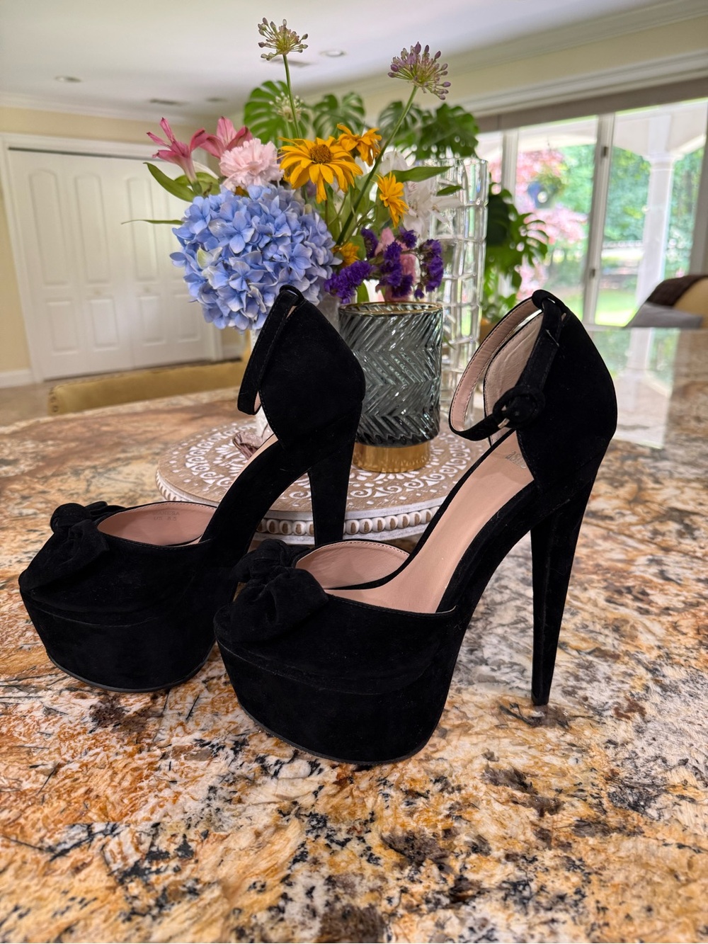 Beau & Ashe Black Suede Platform Peep-Toe Heels with Bow Ankle Strap - Picture 3 of 5
